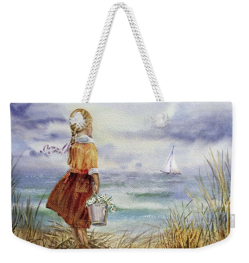 Girl Weekender Tote Bag featuring the painting Girl Ocean Shore Birds And Seashell by Irina Sztukowski