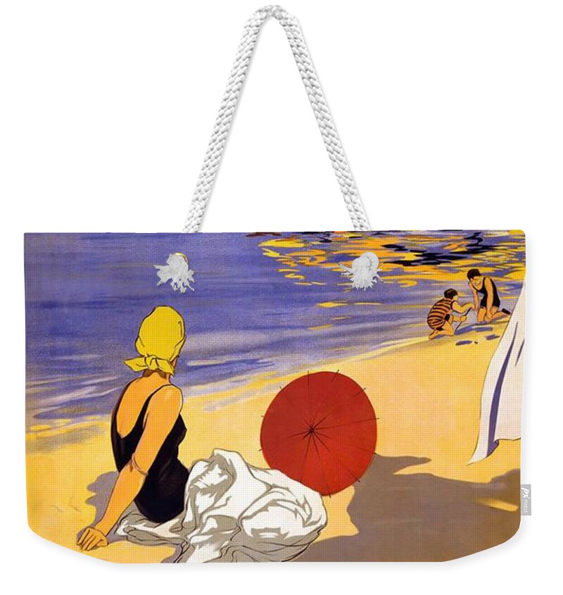 Girl On A Beach Weekender Tote Bag featuring the painting Girl on a beach in Cattolica Rimini Italy - Vintage Travel Poster by Studio Grafiikka