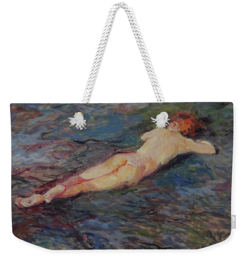 Impressionism Weekender Tote Bag featuring the painting Girl on volcanic beach, Spain by Pierre Dijk