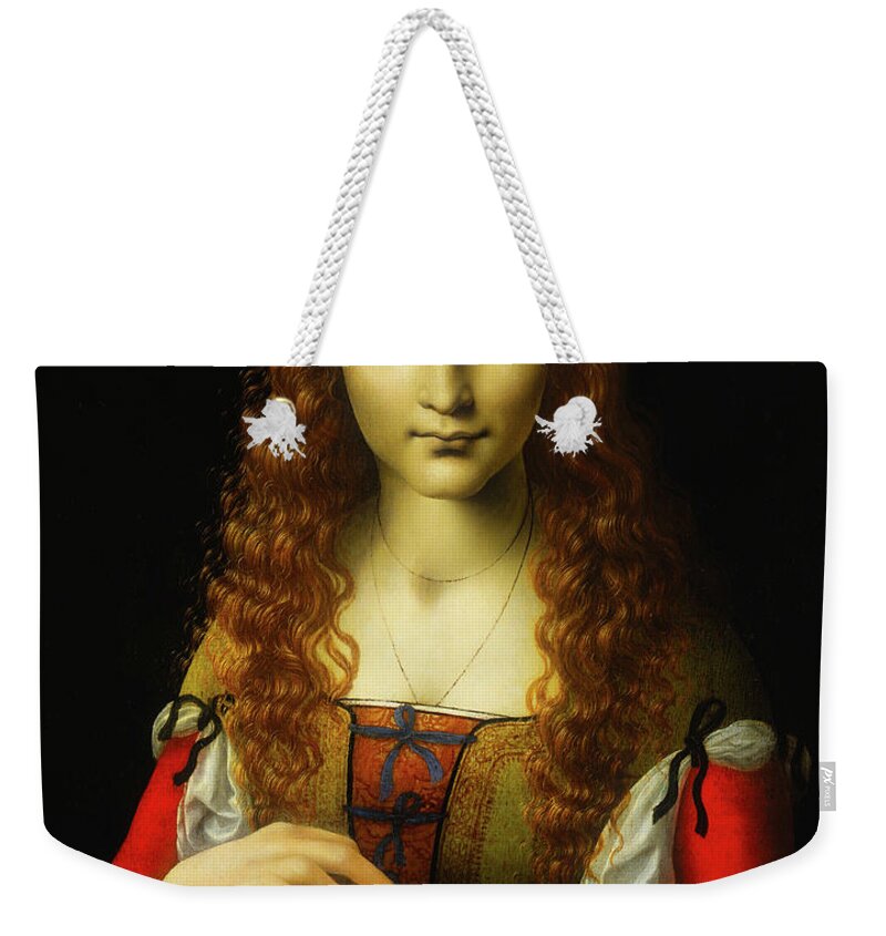 Painting Weekender Tote Bag featuring the painting Girl With Cherries by Mountain Dreams