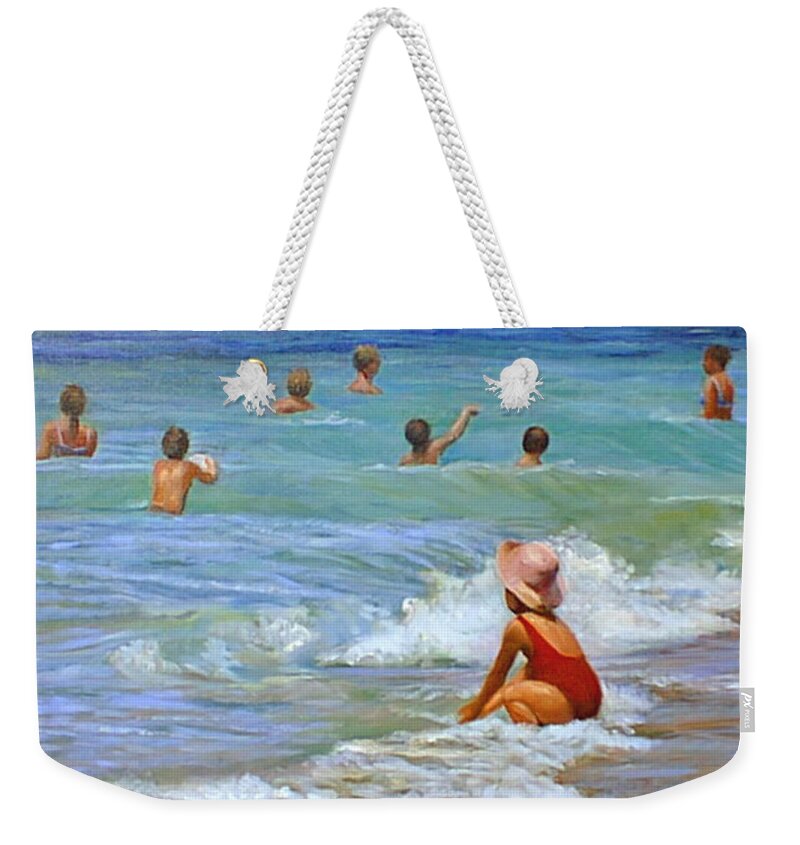 Children Weekender Tote Bag featuring the painting Girl with Pink Hat by Marie Witte
