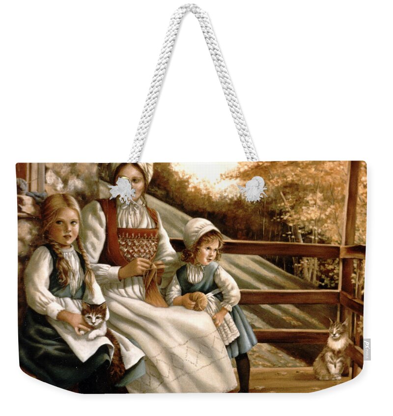 Children Weekender Tote Bag featuring the painting Girls with Cats by Marie Witte