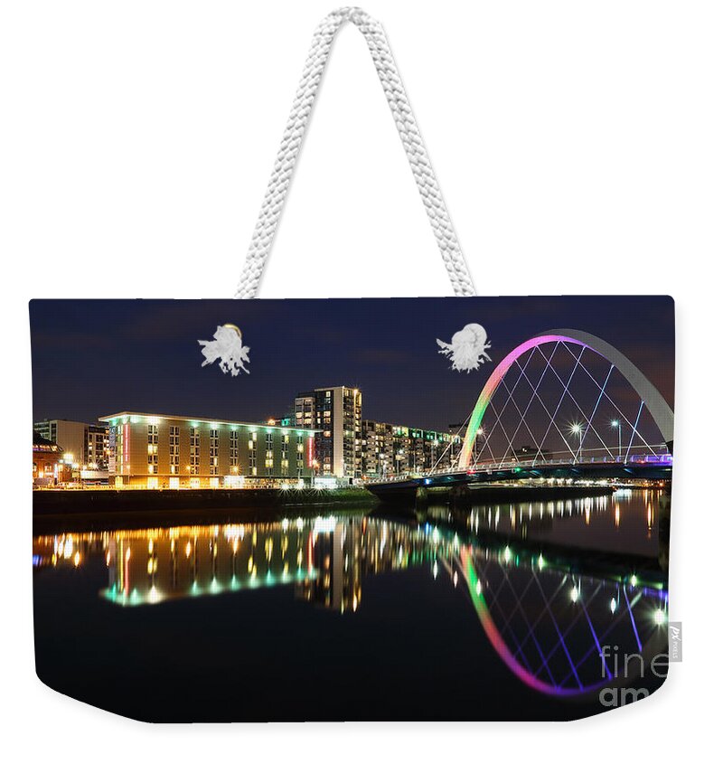 Glasgow Clyde Arc Weekender Tote Bag featuring the photograph Glasgow Clyde Arc Bridge at Twilight by Maria Gaellman
