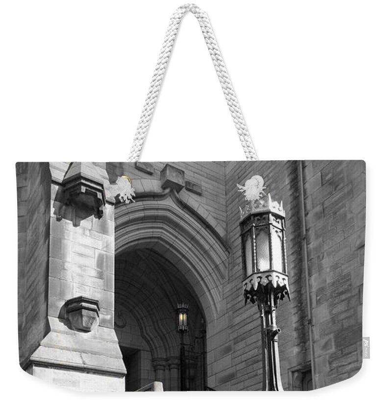Lamppost Weekender Tote Bag featuring the photograph Glasgow University. Lamppost at entrance. by Elena Perelman