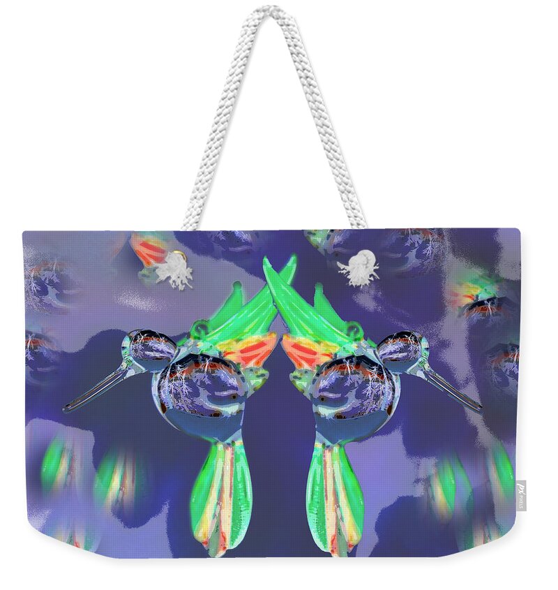 Linda Brody Weekender Tote Bag featuring the digital art Glass Bird Mirror Image Invert by Linda Brody