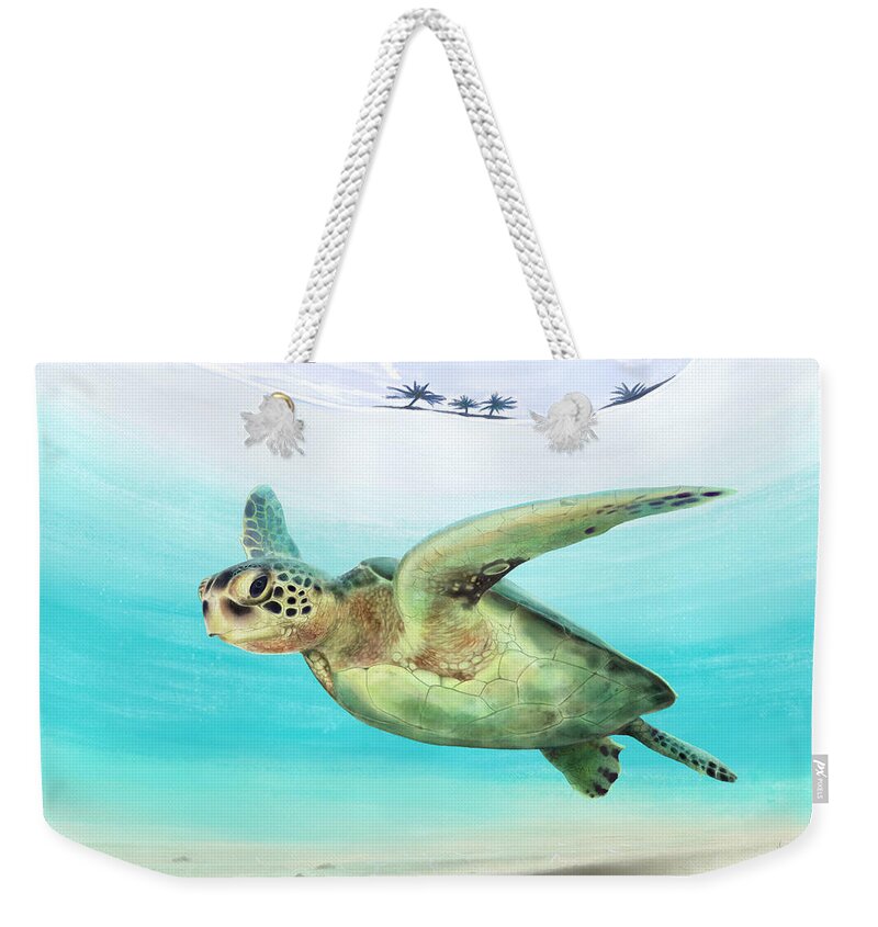 Sea Turtle Weekender Tote Bag featuring the digital art Gliding The Coastline by Kevin Putman
