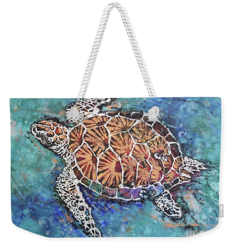 Marine Animals Weekender Tote Bag featuring the painting Glittering Turtle by Jyotika Shroff