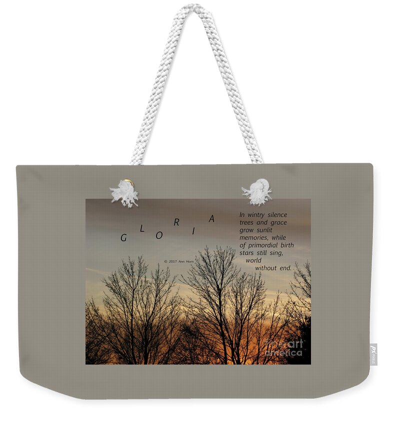 Winter Weekender Tote Bag featuring the photograph Gloria by Ann Horn