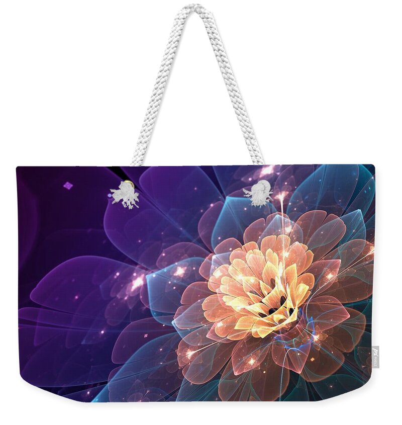Glowing Weekender Tote Bag featuring the digital art Glowing fractal flower by Lilia D