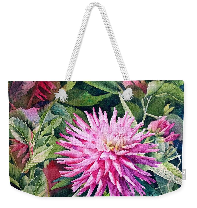 Dahlia Weekender Tote Bag featuring the painting God's Glamour in a Dahlia by Tammy Crawford