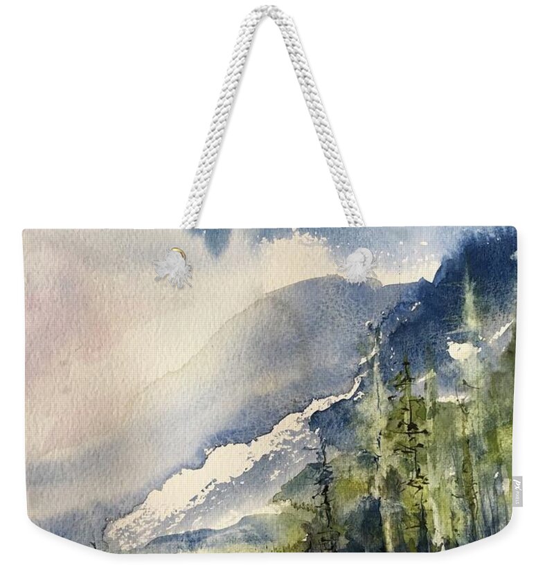 Blue Weekender Tote Bag featuring the painting Going to the Sun Road Glacier National Park Montana by Robin Miller-Bookhout