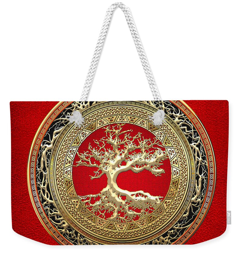 Treasure Trove By By Serge Averbukh Weekender Tote Bag featuring the photograph Gold Celtic Tree Of Life On Red by Serge Averbukh