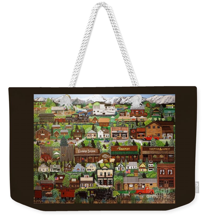 Gold Weekender Tote Bag featuring the painting Gold Mine Town by Jennifer Lake