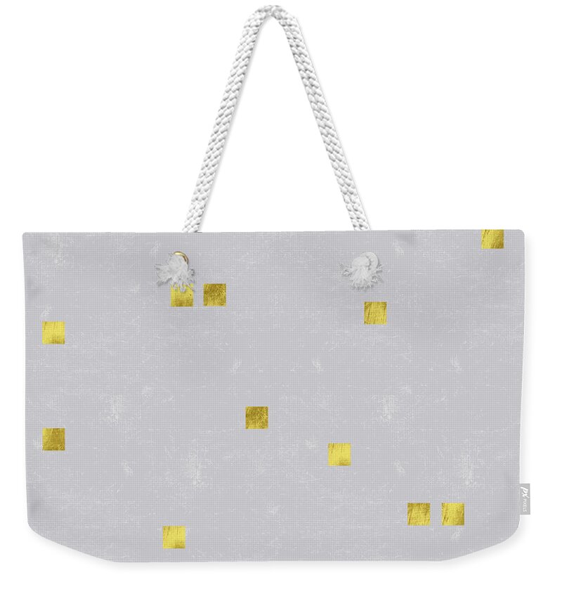 Grey Linen Weekender Tote Bag featuring the digital art Gold Scattered square confetti pattern on grey linen texture by Tina Lavoie