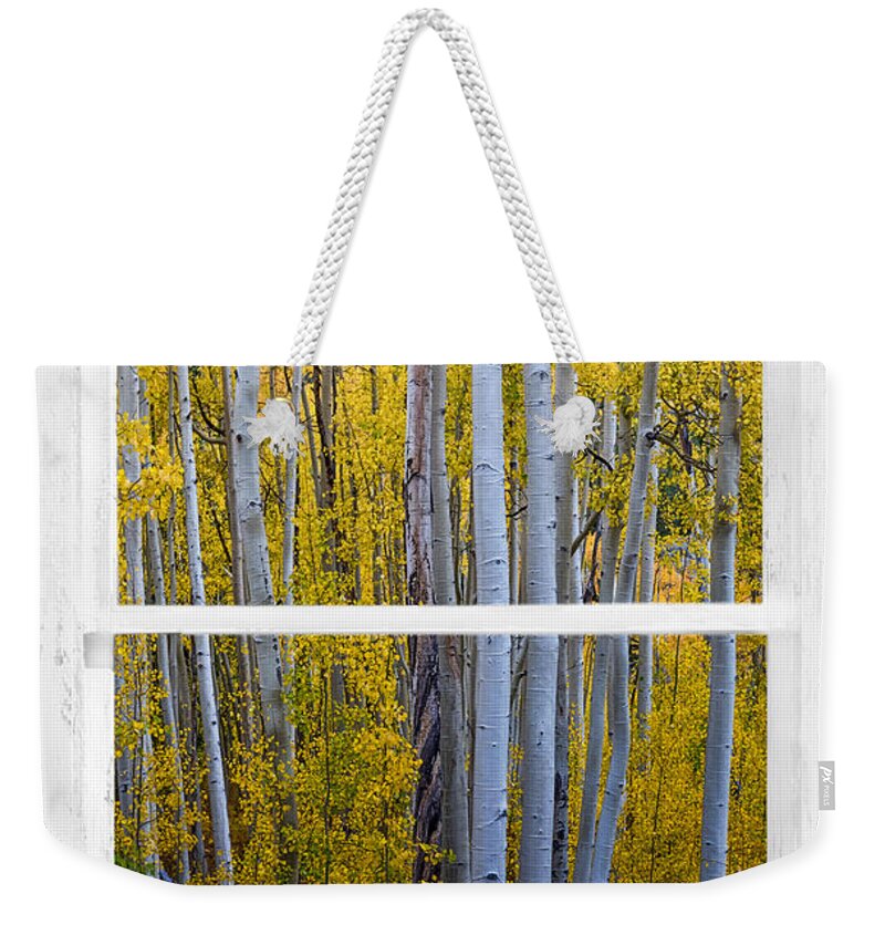 Window Weekender Tote Bag featuring the photograph Golden Aspen Forest View Through White Rustic Distressed Window by James BO Insogna