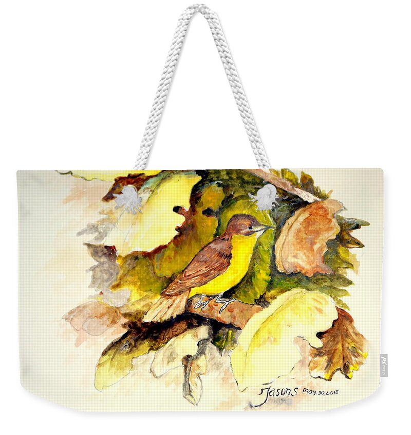Gerygone Sulphurea Weekender Tote Bag featuring the painting Golden-bellied Flyeater by Jason Sentuf
