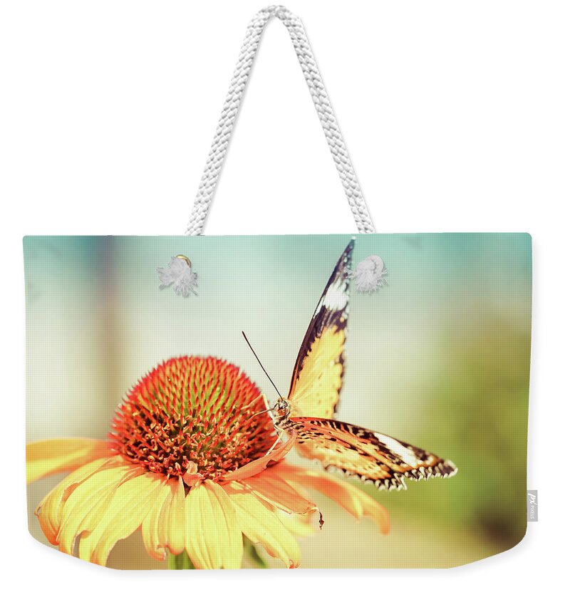  Weekender Tote Bag featuring the photograph Golden Butterfly by Rebekah Zivicki