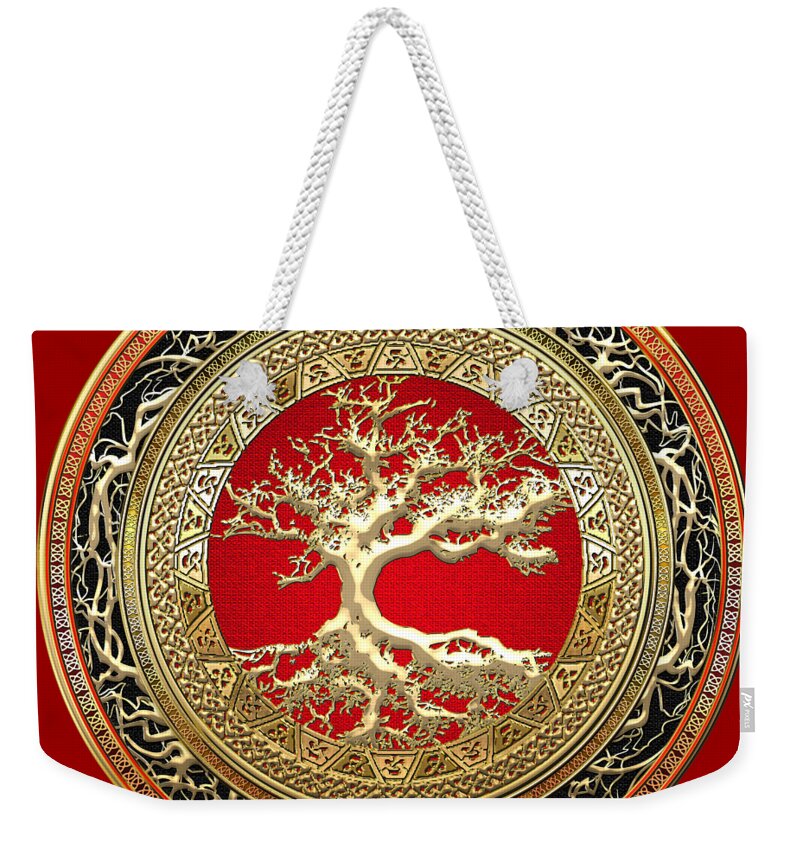 ‘celtic Treasures’ Collection By Serge Averbukh Weekender Tote Bag featuring the digital art Golden Celtic Tree of Life by Serge Averbukh