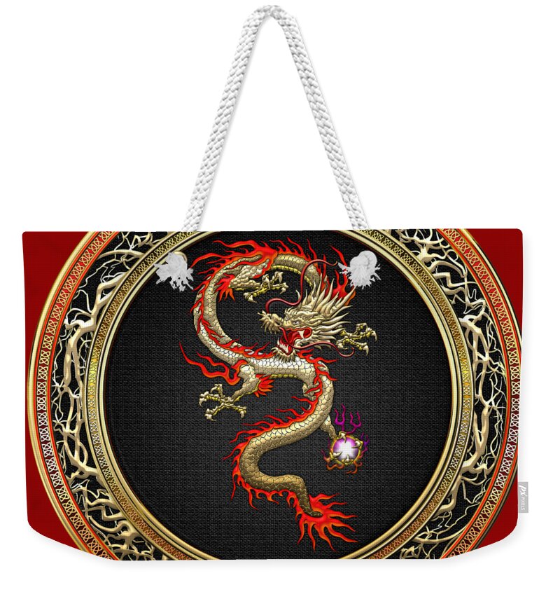 'treasure Trove' By Serge Averbukh Weekender Tote Bag featuring the digital art Golden Chinese Dragon Fucanglong by Serge Averbukh