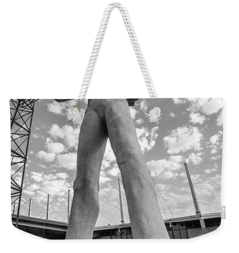 American Weekender Tote Bag featuring the photograph Golden Driller Statue - Tulsa Oklahoma - Black and White by Gregory Ballos