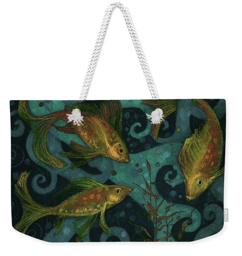 Fish Weekender Tote Bag featuring the mixed media Golden Fishes, underwater creatures, black, teal and yellow by Julia Khoroshikh