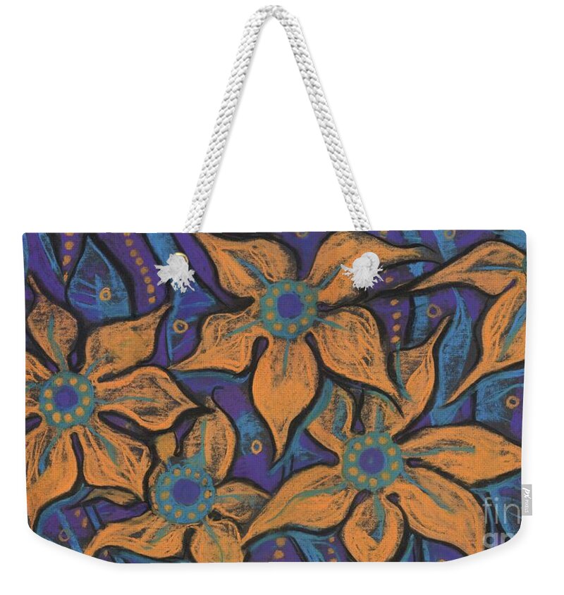 Flower Weekender Tote Bag featuring the painting Golden Flowers by Julia Khoroshikh