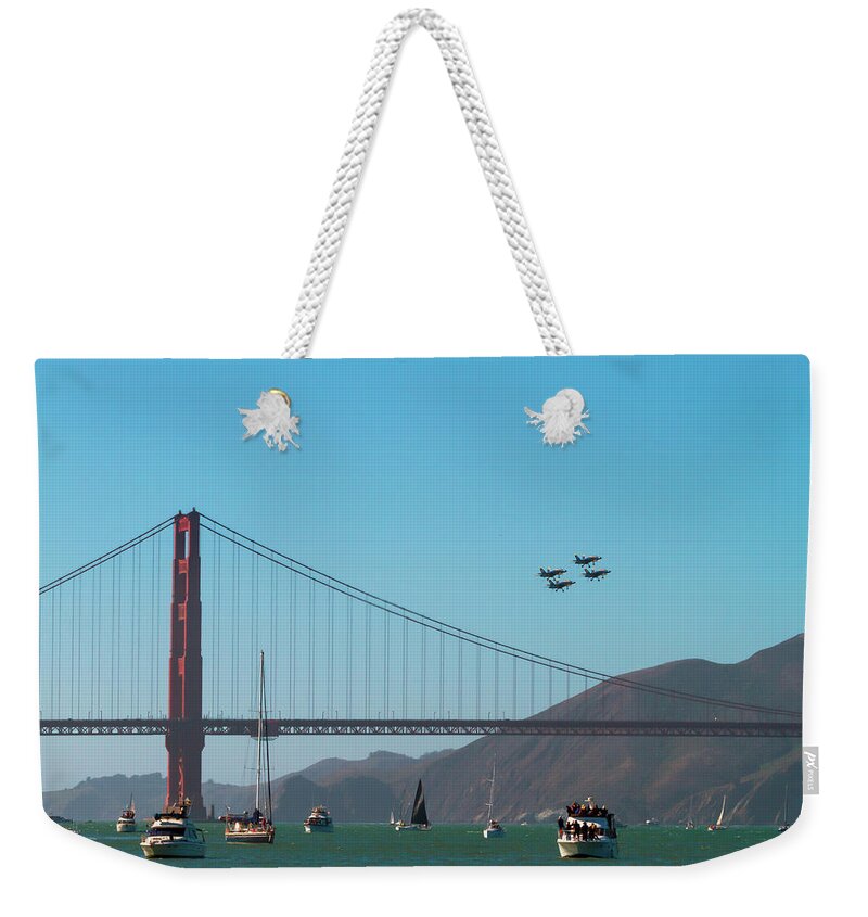 Golden Gate With Blue Angels Weekender Tote Bag featuring the photograph Golden Gate with Blue Angels by Bonnie Follett