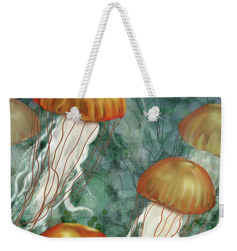 Jellyfish Weekender Tote Bag featuring the digital art Golden Jellyfish in Green Sea by Sand And Chi