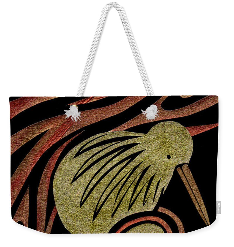 Kiwi Weekender Tote Bag featuring the mixed media Golden Kiwi by Roseanne Jones