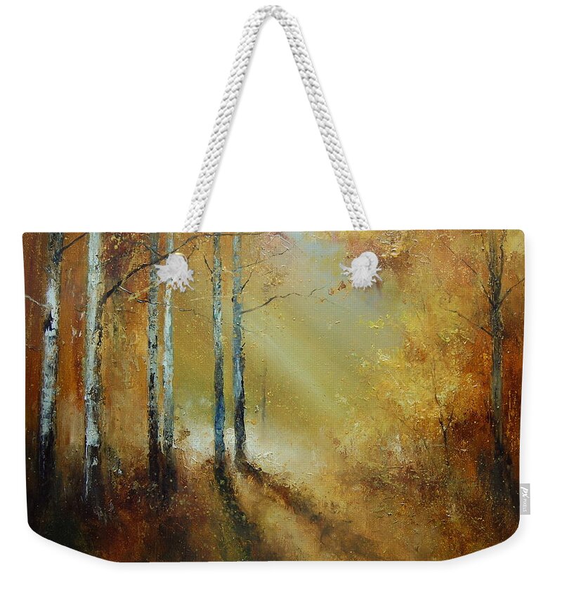 Russian Artists New Wave Weekender Tote Bag featuring the painting Golden Light in Autumn Woods by Igor Medvedev