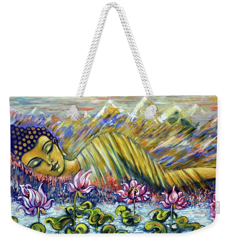 Buddha Weekender Tote Bag featuring the painting Golden Peace by Harsh Malik
