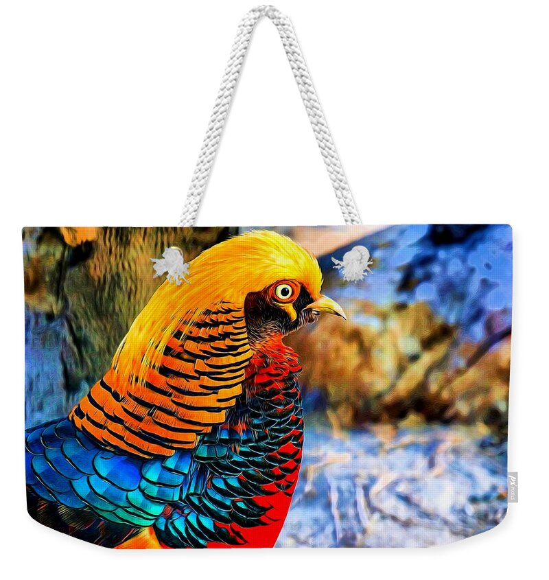 Golden Pheasant Weekender Tote Bag featuring the digital art Golden Pheasant Painterly by Lilia D