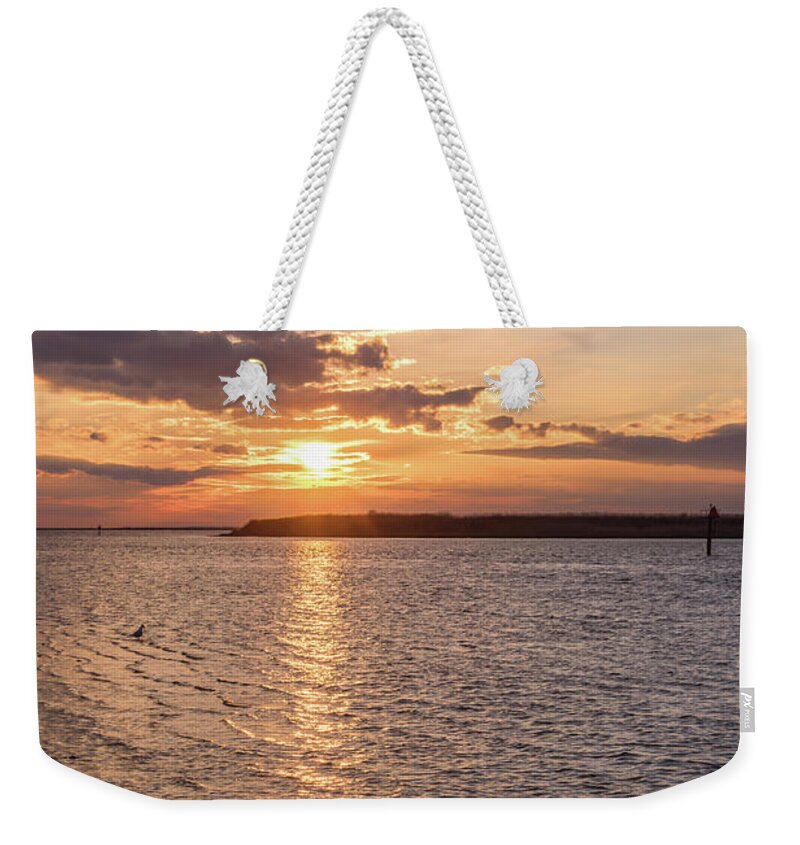 Golden Ripples Lbi New Jersey Sunset Weekender Tote Bag featuring the photograph Golden Ripples LBI New Jersey Sunset by Terry DeLuco
