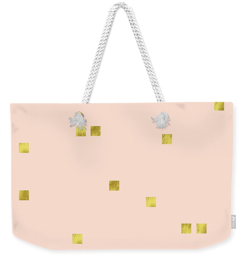 Minimalist Weekender Tote Bag featuring the digital art Golden scattered confetti pattern, baby pink background by Tina Lavoie