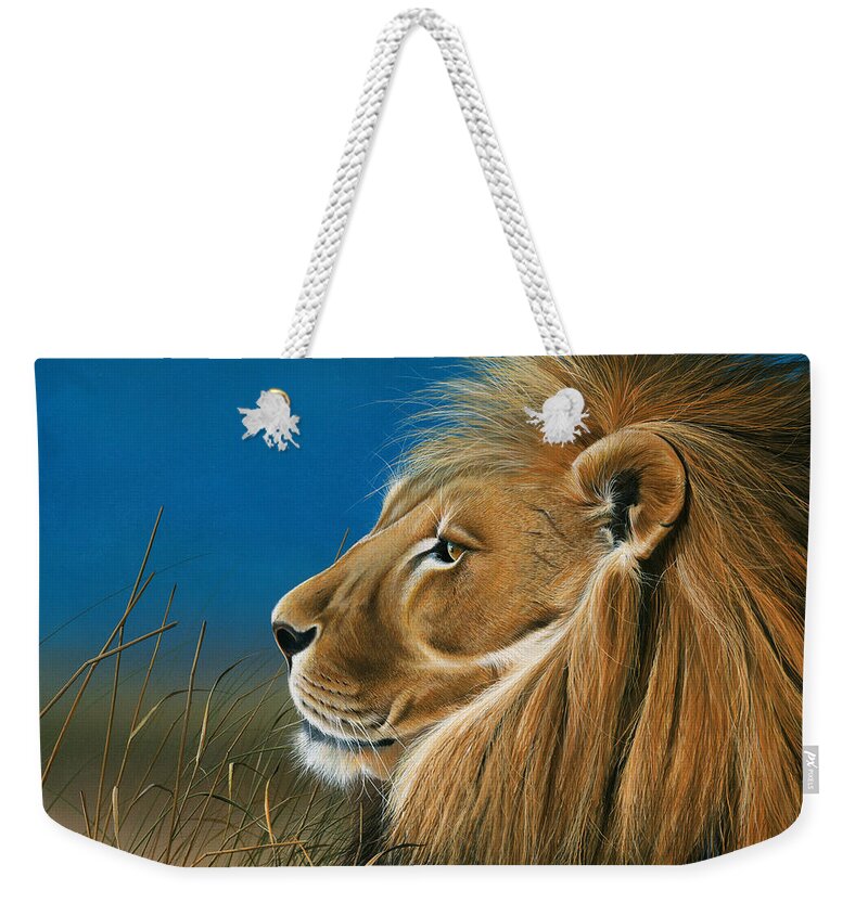 Lion Weekender Tote Bag featuring the painting Golden Sentinal by Mike Brown