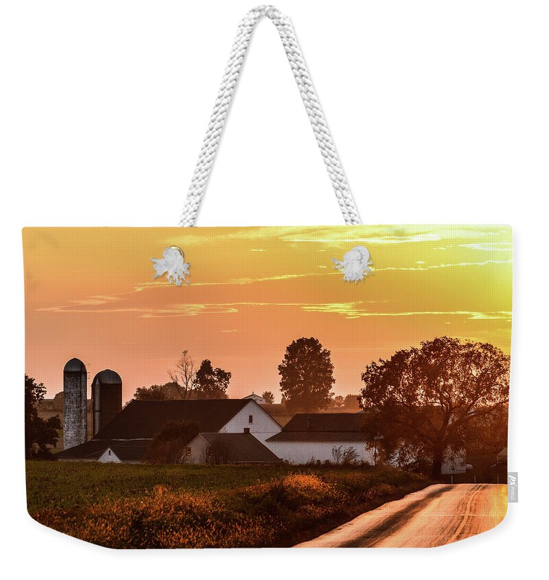 Sunset Weekender Tote Bag featuring the photograph Golden Sunset on Amish Farm by Tana Reiff