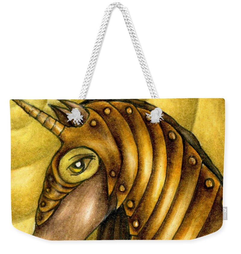 Unicorn Art Weekender Tote Bag featuring the drawing Golden Unicorn Warrior Art by Kristin Aquariann