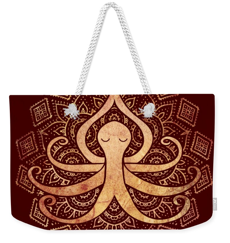 Octopus Weekender Tote Bag featuring the digital art Golden Zen Octopus Meditating by Laura Ostrowski