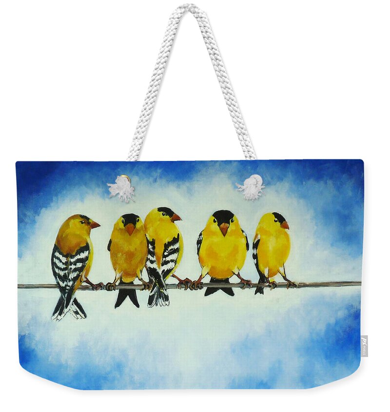 Goldfinch Weekender Tote Bag featuring the painting Goldfinch on a Wire by Pat Dolan