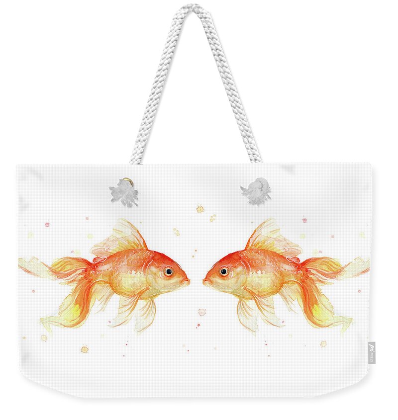 Gold Weekender Tote Bag featuring the painting Goldfish love Watercolor by Olga Shvartsur