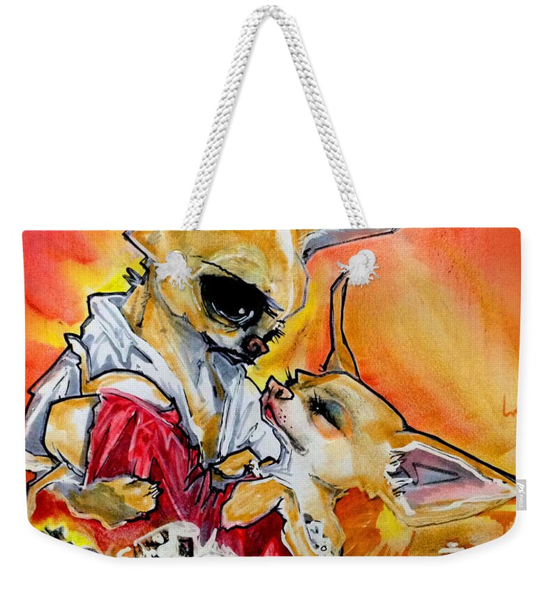 Dog Caricature Weekender Tote Bag featuring the drawing Gone With The Wind Chihuahuas Caricature Art Print by John LaFree