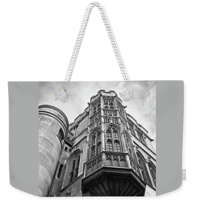 Cambridge Weekender Tote Bag featuring the photograph Gonville and Caius College Library Cambridge in Black and White by Gill Billington