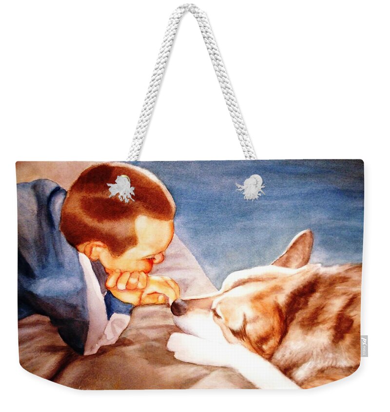 Boy & Dog Weekender Tote Bag featuring the painting Goodbye Misty by Marilyn Jacobson