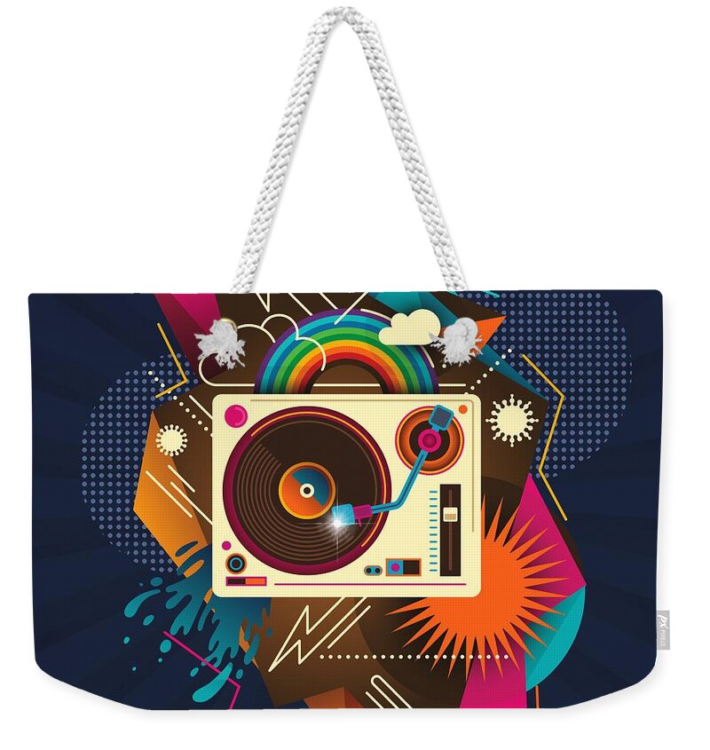 Albums Weekender Tote Bag featuring the painting Goodtime Party Music Retro Rainbow Turntable Graphic by Little Bunny Sunshine