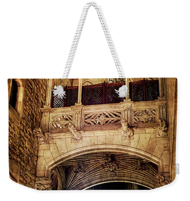 Gothic Quarter Weekender Tote Bag featuring the photograph Gothic bridge at night in Barcelona 2 by Weston Westmoreland