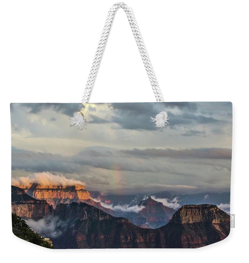 Monsoon Weekender Tote Bag featuring the photograph Grand Canyon monsoon rainbow by Gaelyn Olmsted