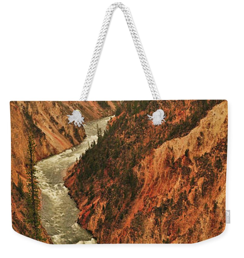 Yellowstone National Park Weekender Tote Bag featuring the photograph Grand Canyon Of The Yellowstone Vertical Panorama by Greg Norrell