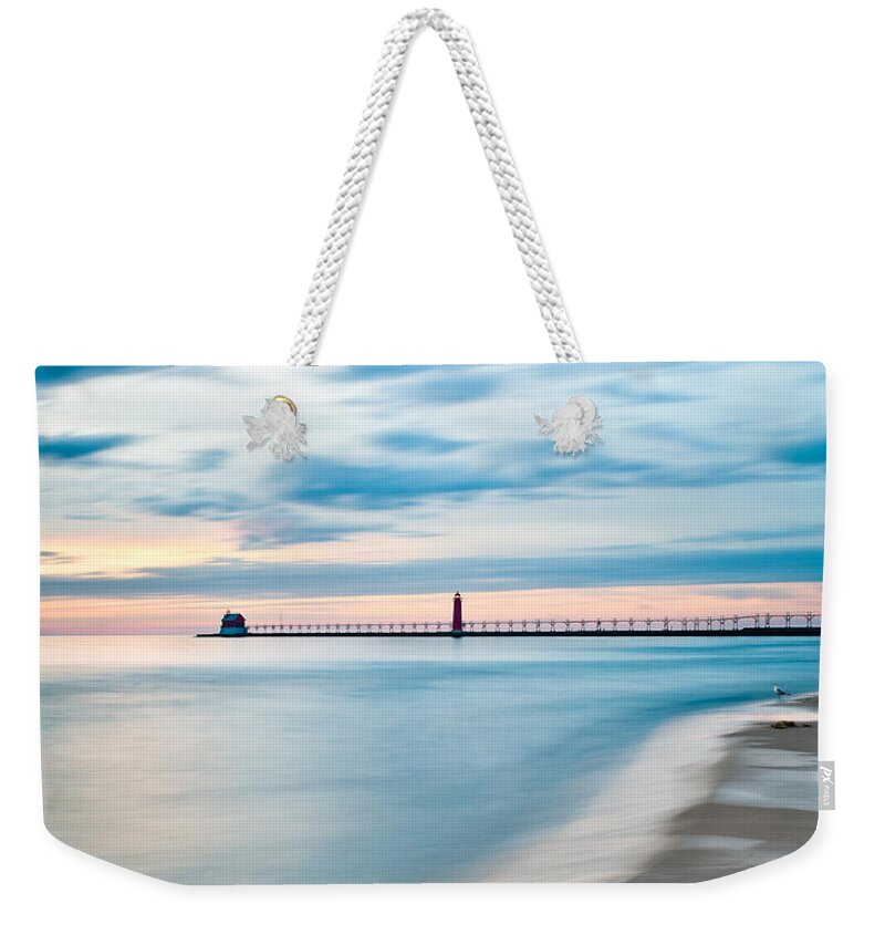 Grand Haven Weekender Tote Bag featuring the photograph Grand Haven Pier - Smooth Waters by Larry Carr