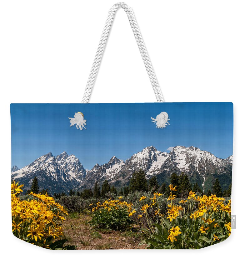 Grand Tetons Weekender Tote Bag featuring the photograph Grand Teton Arrow Leaf Balsamroot by Brian Harig