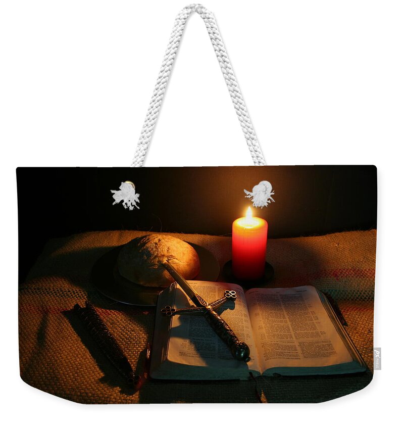 Stilllife Weekender Tote Bag featuring the photograph Grandfathers Bible by Doug Mills